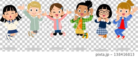 來自不同國家和種族的女孩們跳躍 來自不同國家和種族的女孩們跳躍 138416813