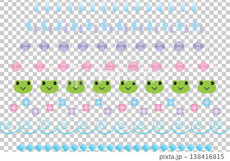 Rainy Season Decorative Border Set: Frog, Hydrangea, and Raindrop Line Decoration Illustrations 138416815