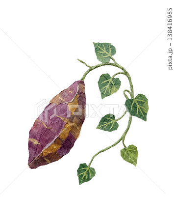 葉付きさつまいものイラスト｜和紙のちぎり絵風・手作りナチュラル素材 138416985