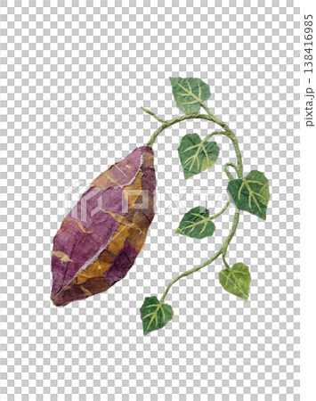 葉付きさつまいものイラスト｜和紙のちぎり絵風・手作りナチュラル素材 138416985