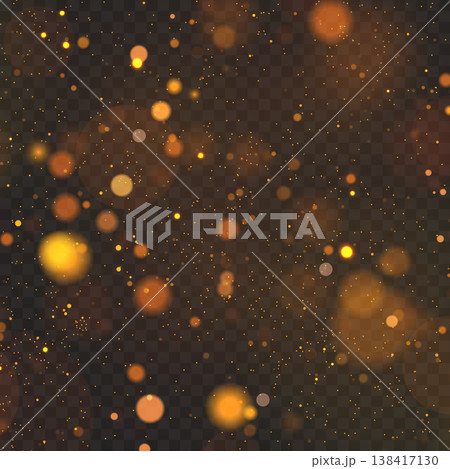 Realistic Golden Bokeh Lights on Transparent Background. Vector Glowing Sparkles and Soft Blur Overlay Effect. Realistic Golden Bokeh Lights on Transparent Background. Vector Glowing Sparkles and Soft Blur Overlay Effect. 138417130