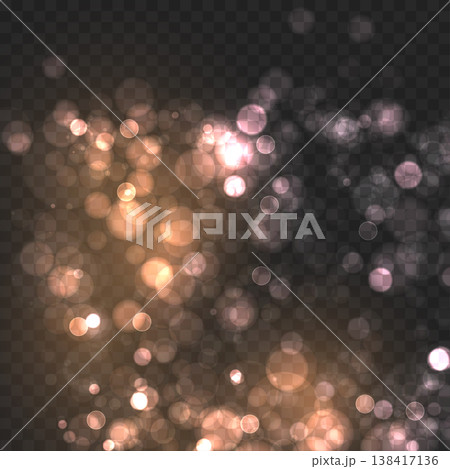 Realistic Golden Bokeh Lights on Transparent Background. Vector Glowing Sparkles and Soft Blur Overlay Effect. Realistic Golden Bokeh Lights on Transparent Background. Vector Glowing Sparkles and Soft Blur Overlay Effect. 138417136