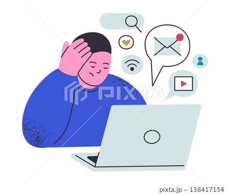 Exhausted man at laptop holding head, flat cartoon character overwhelmed by online notifications, emails, social media and video overload. Digital burnout and internet fatigue vector illustration 138417154