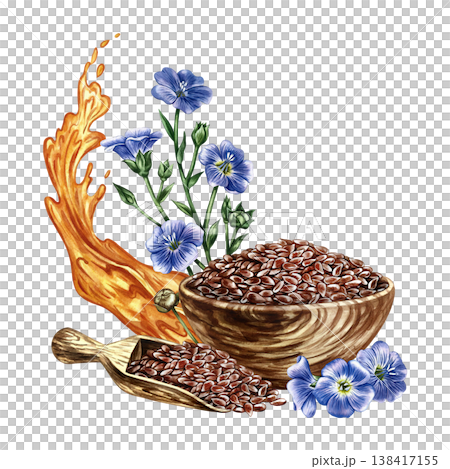 Flaxseed oil. Hand-drawn watercolor illustration. Flaxseed in a wooden bowl and spoon, flax flowers, and a splash of oil. An element of label and packaging design, banners, posters, and more. 138417155