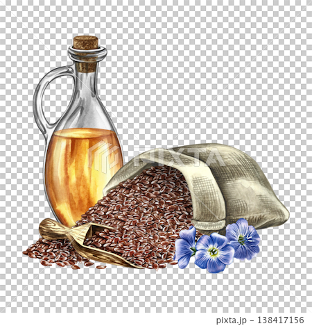 Flaxseed oil. Hand-drawn watercolor illustration. Flaxseed in burlap, wooden scoop, blue flax flowers, and a glass bottle of oil. Element of label design, packaging, banners, posters, and more. 138417156