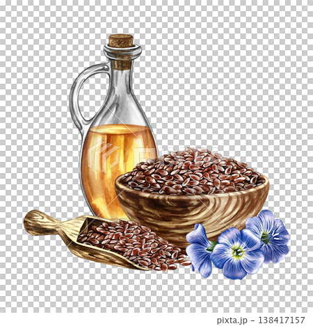 Flaxseed oil. Hand-drawn watercolor illustration. Flaxseed in a wooden bowl and scoop, flax flowers, and a bottle of oil. An element of label and packaging design, banners, posters, and more. 138417157