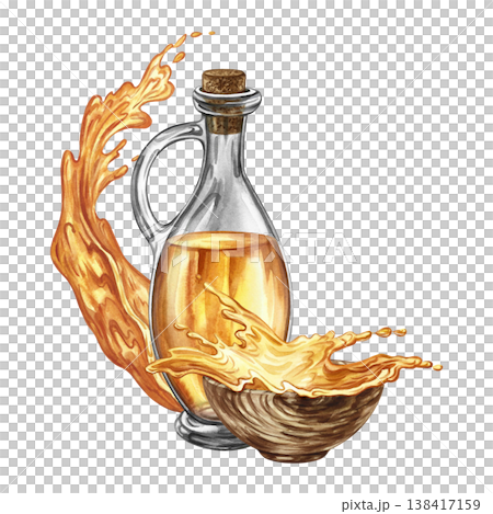 Splashes of yellow liquid, oil, juice, tea, etc. in a wooden bowl and a glass bottle of oil. Hand-drawn watercolor illustration. Perfect for creating labels, packaging, banners, posters, and more. 138417159