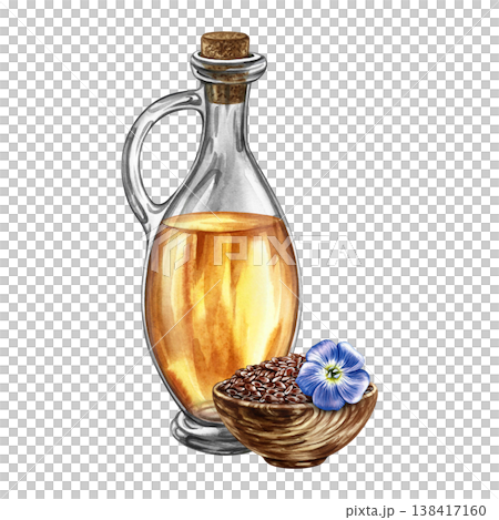 Flaxseed oil. Hand-drawn watercolor illustration. Flaxseed in a wooden bowl, flax flower, and a bottle of oil. Element of label and packaging design, banners, posters, and more. 138417160