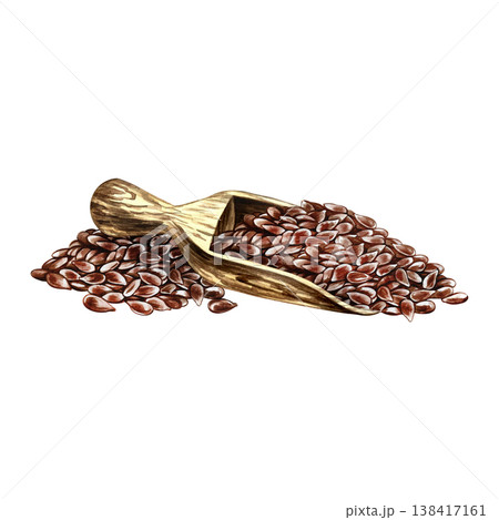 Flaxseed in a wooden scoop. Hand-drawn watercolor illustration. Element of label and packaging design, as well as banners, posters, and more. Flaxseed in a wooden scoop. Hand-drawn watercolor illustration. Element of label and packaging design, as well as banners, posters, and more. 138417161