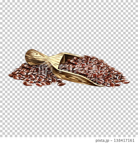 Flaxseed in a wooden scoop. Hand-drawn watercolor illustration. Element of label and packaging design, as well as banners, posters, and more. 138417161
