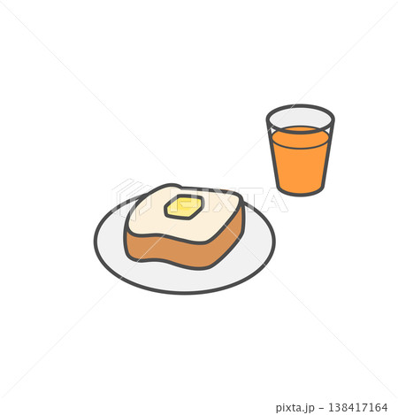 シンプルなバタートーストとオレンジジュースのイラスト 138417164