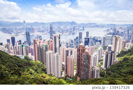 Hong Kong city aerial view taken from Victoria Peak viewpoint in sunny summer day 138417326