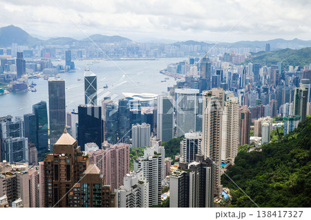 Hong Kong on a cloudy summer day, aerial view taken from Victoria Peak Hong Kong on a cloudy summer day, aerial view taken from Victoria Peak 138417327