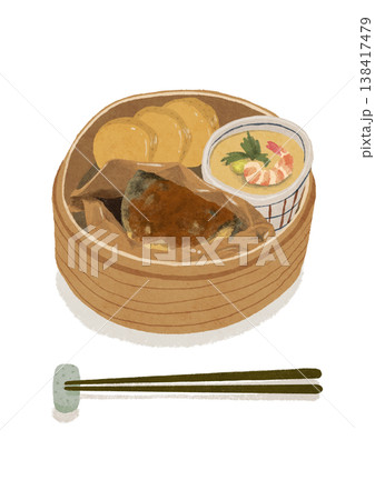 日本の新鮮野菜のせいろ蒸しと箸のイラスト 138417479