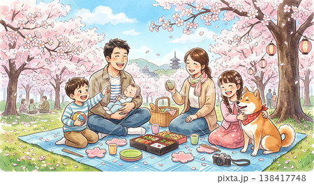 桜の花見を楽しむ家族 桜の花見を楽しむ家族 138417748