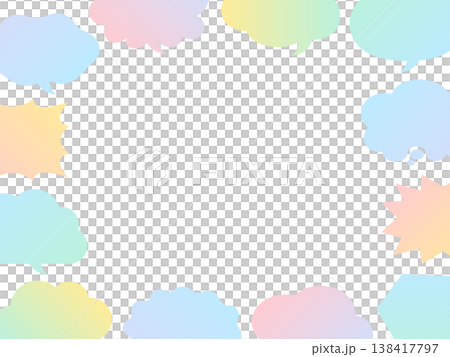 A frame surrounded by colorful, gradient-colored speech bubbles of various shapes. 138417797