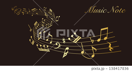 黒背景のウェーブ状の金色の楽譜：五線譜の周りを舞う音符の背景ベクターイラスト 138417836