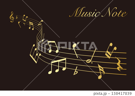 黒背景のウェーブ状の金色の楽譜:五線譜の周りを舞う音符の背景ベクターイラスト 黒背景のウェーブ状の金色の楽譜:五線譜の周りを舞う音符の背景ベクターイラスト 138417839