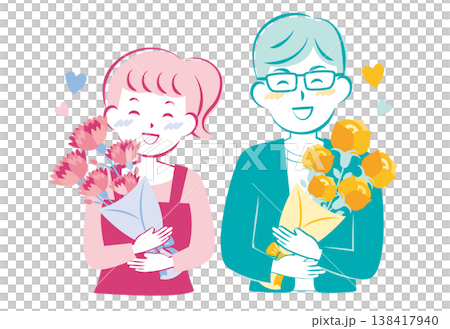 Men and women receiving bouquets of flowers on Mother's Day and Father's Day 138417940