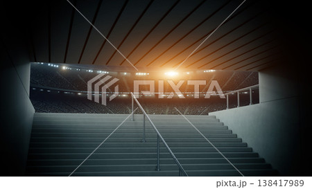 Entrance to modern soccer arena with crowded stands and tunnel stairs. 138417989