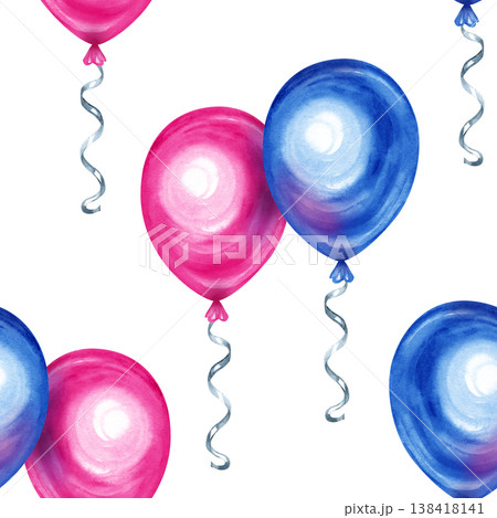 Watercolor seamless pattern featuring vibrant pink and blue air balloons with silver curling ribbons. Hand drawn festive illustration perfect for birthday parties, baby showers, and celebrations. 138418141