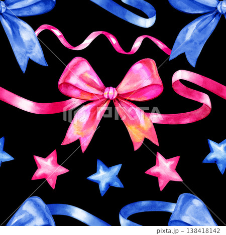 Watercolor seamless pattern with hand drawn pink and blue silk ribbons, bows, and small stars. Festive holiday illustration in a romantic style, perfect for gift wrapping, textiles, and party decor. 138418142