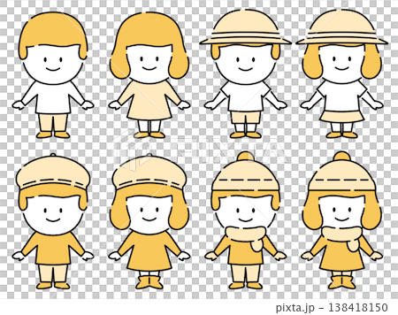 A set of illustrations of children in spring, summer, autumn, and winter. 138418150