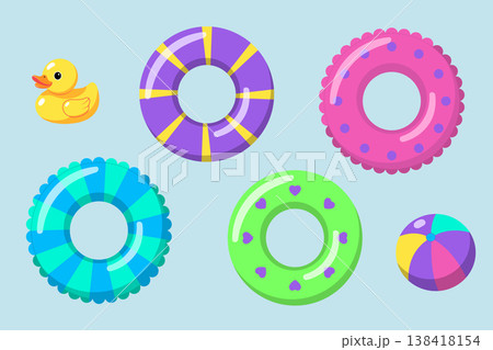 Cute summer pool floats flat vector illustration with colorful inflatable swim rings, rubber duck and beach ball, playful swimming pool elements for seasonal design 138418154