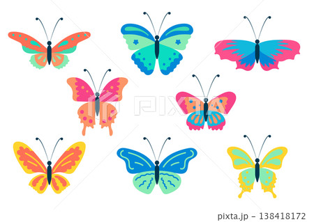 Colorful butterfly set flat vector illustration with decorative wings in cute style, bright spring nature collection for branding, packaging and seasonal design 138418172
