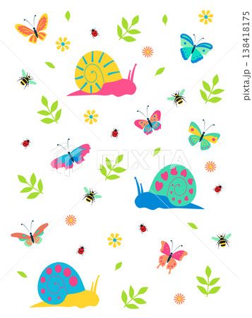 Cute garden insects flat vector illustration with snails butterflies bees and ladybugs, bright summer nature design for kids branding and fabric 138418175