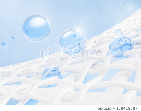 3d white fabric texture with blue gel liquid laundry detergent drops. Fiber structure with washing powder soap bubbles, water foam spheres, softener or bleach on light aqua background. 3D illustration 3d white fabric texture with blue gel liquid laundry detergent drops. Fiber structure with washing powder soap bubbles, water foam spheres, softener or bleach on light aqua background. 3D illustration 138418387