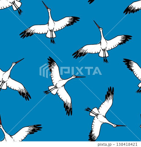 Hand-drawn vector seamless pattern. White stork flying in the sky on a bright blue background. Wild birds, animal, nature. For prints of children's clothing, fabric, packaging, textile products. 138418421