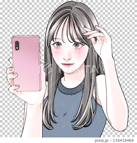 スマホを見ながら髪を整えている女性 スマホを見ながら髪を整えている女性 138418469