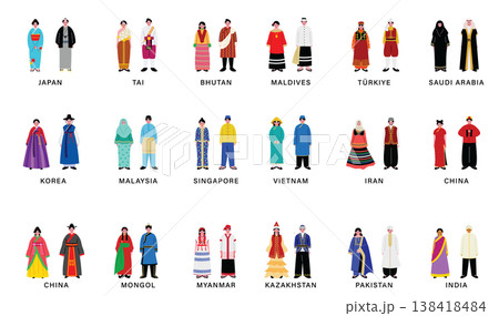 アジアの様々な民族衣装を着た人々のイラストセット 138418484