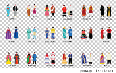 A set of illustrations of people wearing various Asian ethnic costumes. 138418484