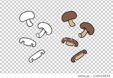 A set of illustrations of shiitake mushrooms in color and black and white. A set of illustrations of shiitake mushrooms in color and black and white. 138418644