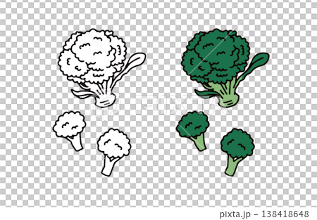 一組彩色和黑白西蘭花插圖。 138418648