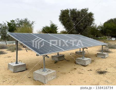 Solar panels in desert landscape, providing clean energy in off-grid natural areas. Concept of sustainability innovation 138418734