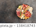 Charcuterie board with assorted cheeses, cured meats, crackers, nuts, berries on dark background. Top view. Copy space. 138418743