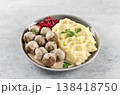 Swedish meatballs with creamy sauce, mashed potatoes and lingonberries. Swedish cuisine 138418750