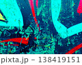 Graffiti on Blue Concrete Wall with Red Spray Paint Tags 138419151