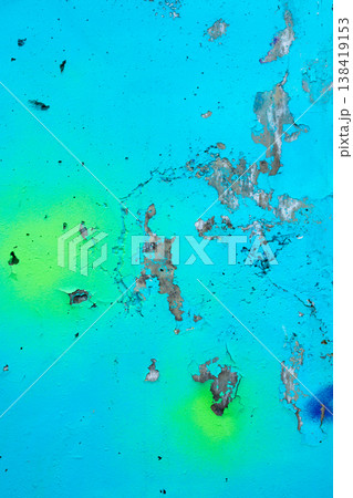 Blue Graffiti Background with Peeling Paint and Yellow Spray Texture 138419153