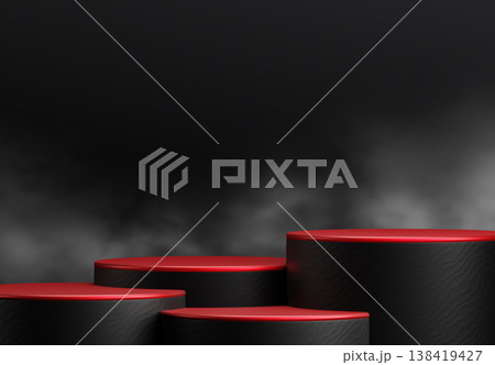 Luxury black and red podium display with cinematic smoke fog background with copy space for product placement Black friday sale 3D render Luxury black and red podium display with cinematic smoke fog background with copy space for product placement Black friday sale 3D render 138419427