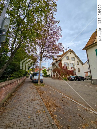 Charming street view in a European town with a traditional house covered in red ivy. Charming street view in a European town with a traditional house covered in red ivy. 138419499