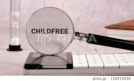 Magnifying glass on childfree. Hourglass and books symbolize lifes crucial choices and passing time 138419856