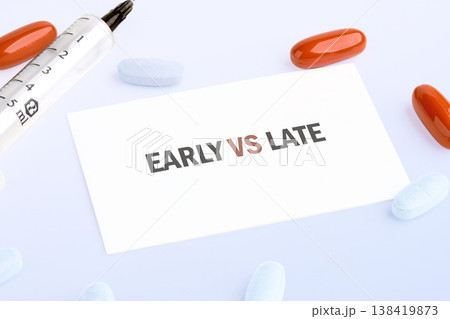A clear card stating EARLY VS LATE rests on a pristine white surface 138419873