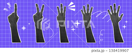 Hand set halftone collage with gesture calculation, different finger numbers, interactive communication signs. Hands show one, two, three, four and five. 138419907