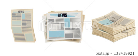 Newspaper pile, stack of magazines. News representing newspapers folded, news publications. Headline banner on the front page represents journalism, news, and print media. 138419921