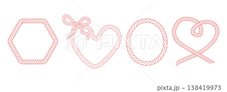 Rope frame set, heart cord. Red Bow with tied knot trendy frame template, border. String wreath with loops. Outline nautical style Rope frame set, heart cord. Red Bow with tied knot trendy frame template, border. String wreath with loops. Outline nautical style 138419973