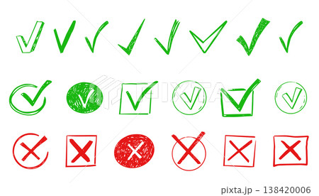 Check mark crayon scribble doodle, chalk texture, checkmark and red cross icon set, circle and square. Tick symbol. sketch checkboxes. Check mark crayon scribble doodle, chalk texture, checkmark and red cross icon set, circle and square. Tick symbol. sketch checkboxes. 138420006